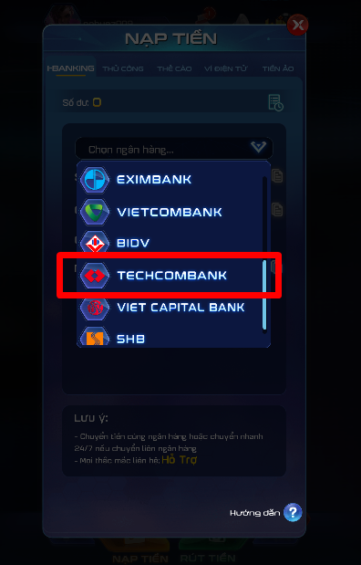Chọn Phương Thức Nạp Tiền Qua Techcombank